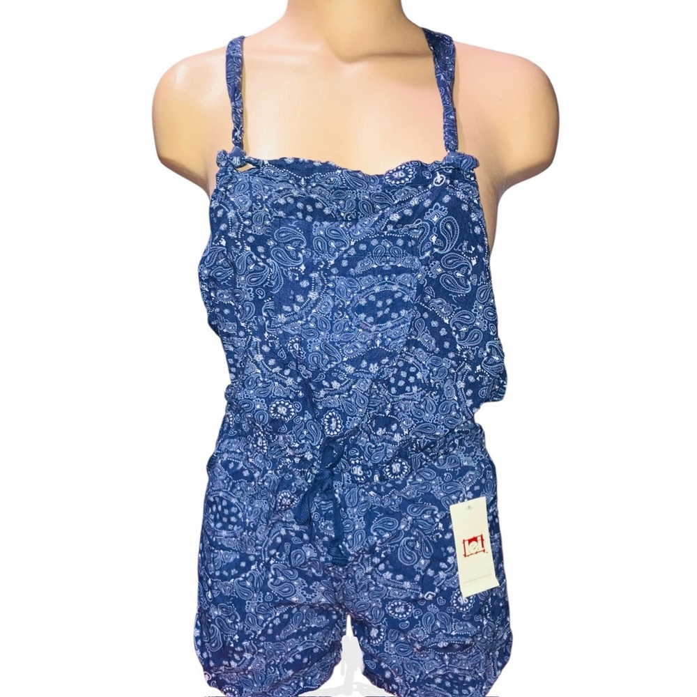 *5 for $25!* Lei Blue Paisley Bandana Overalls Romper American Fourth of July XS